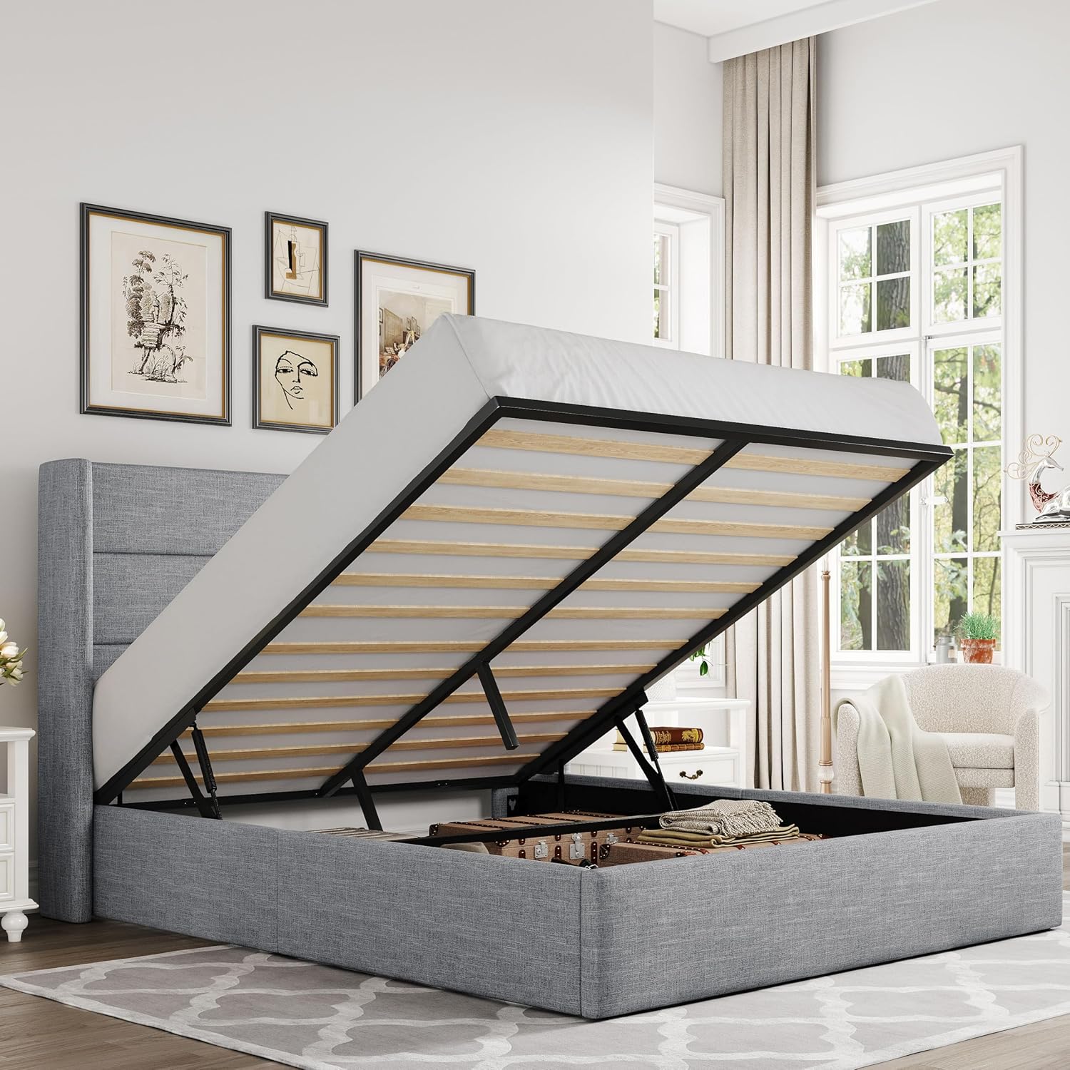ALLEWIE Queen Size Lift Up Storage Bed with Wingback Headboard