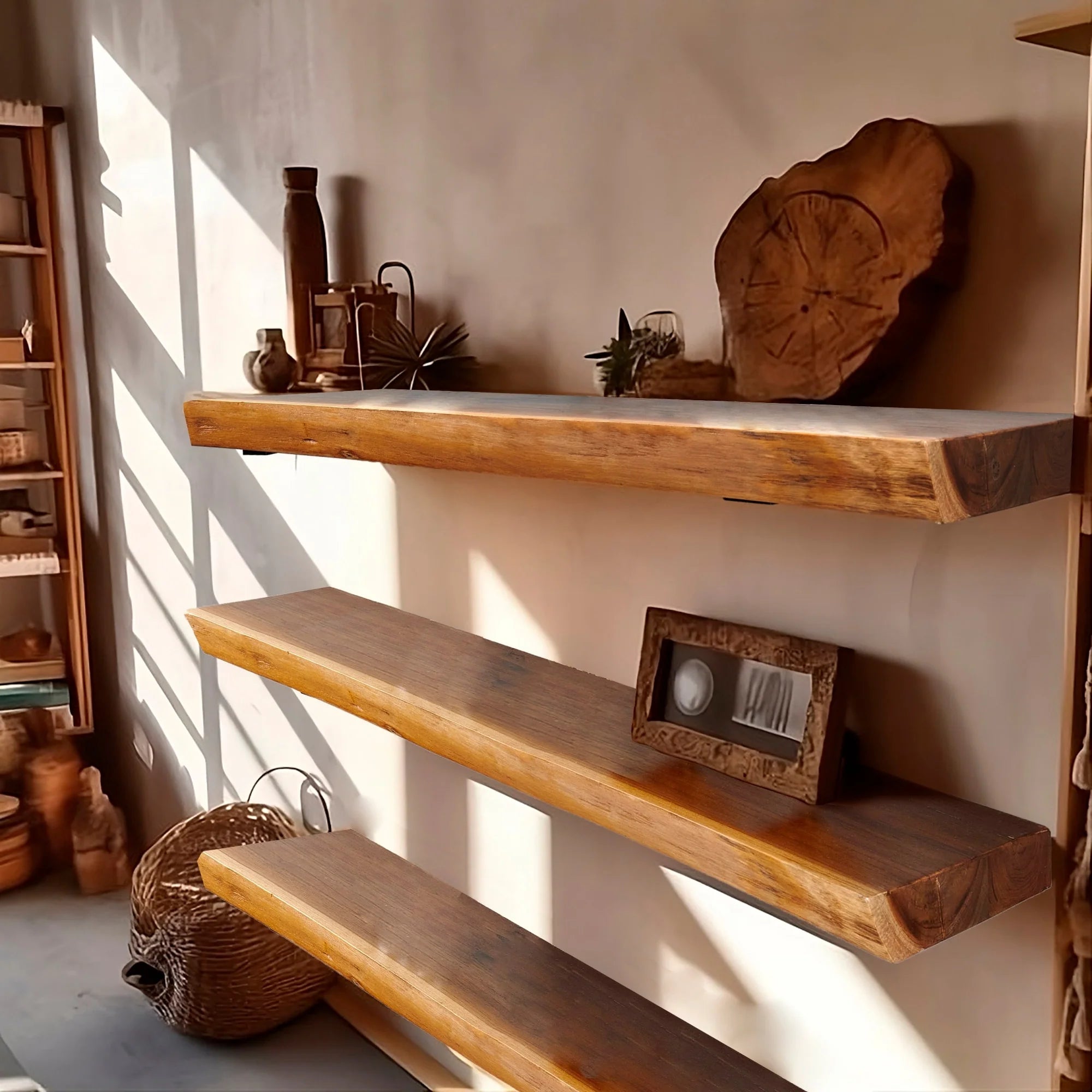 Home Soft Things 1 PieceTeak Shelf With Live Edge Wooden Wall Shelves