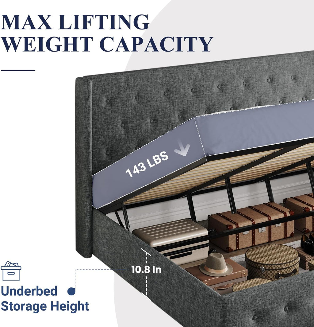 ALLEWIE Queen Size Lift Up Storage Bed with Wingback Headboard