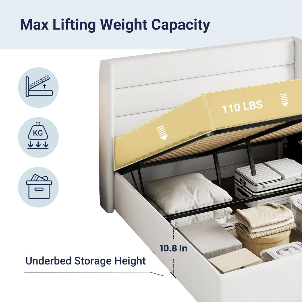 ALLEWIE Queen Size Lift Up Storage Bed with Wingback Headboard